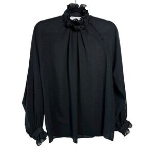 Oscar de la Renta Sport Polkadot Ruffle Victorian Blouse Top Size 6 Black Sheer